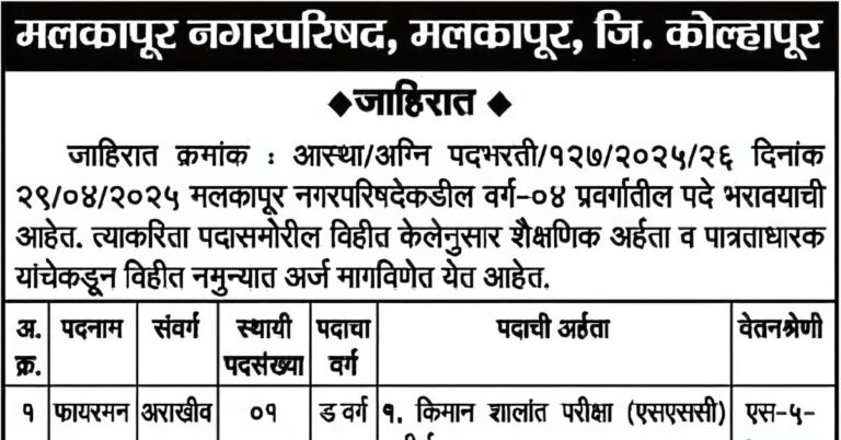 Fireman Post in Malkapur Nagar Parishad