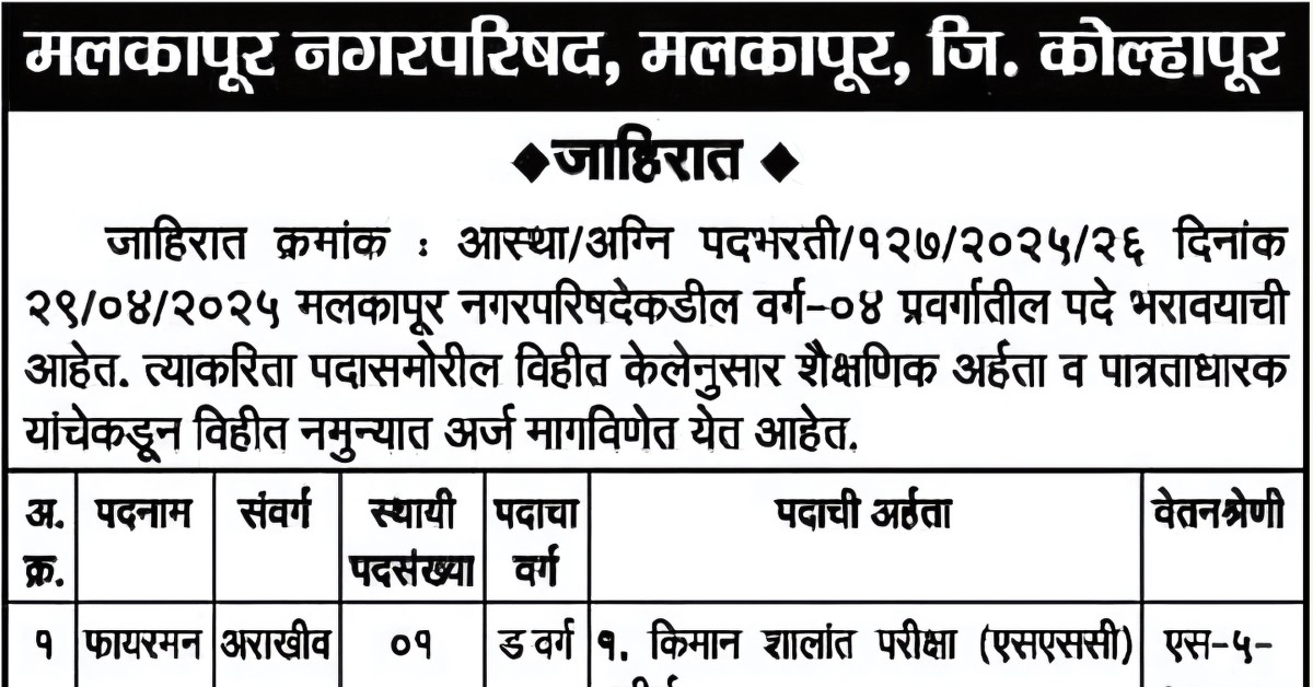 Fireman Post in Malkapur Nagar Parishad