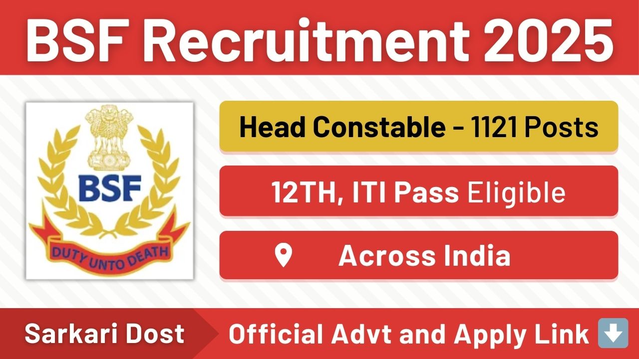 BSF Head Constable Recruitment for 1121 Vacancies