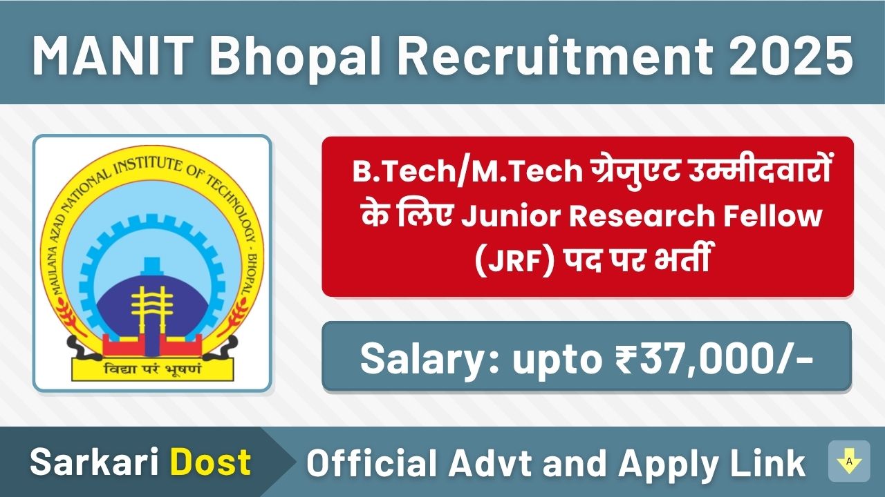 MANIT Bhopal Recruitment 2025 – B.Tech/M.Tech ग्रेजुएट उम्मीदवारों के लिए Junior Research Fellow (JRF) पद पर भर्ती 1 MANIT Bhopal Recruitment 2025