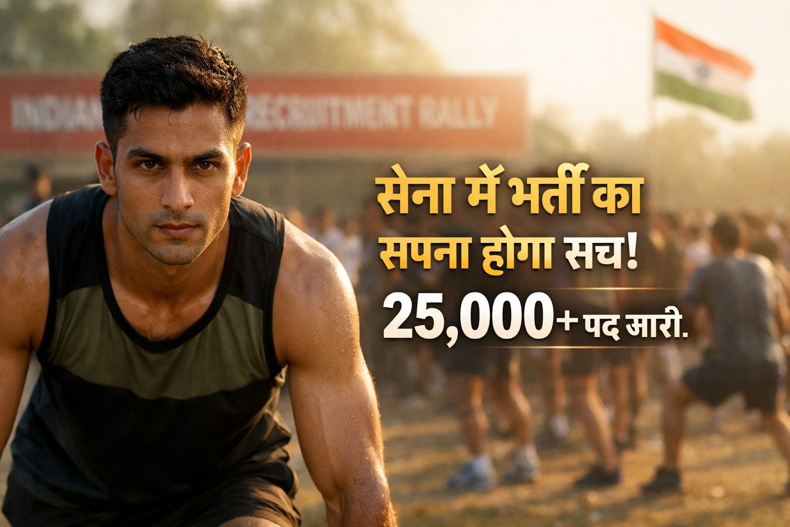 भारतीय सेना अग्निवीर भर्ती 2026 का पोस्टर जिसमें एक युवा दौड़ की तैयारी कर रहा है।