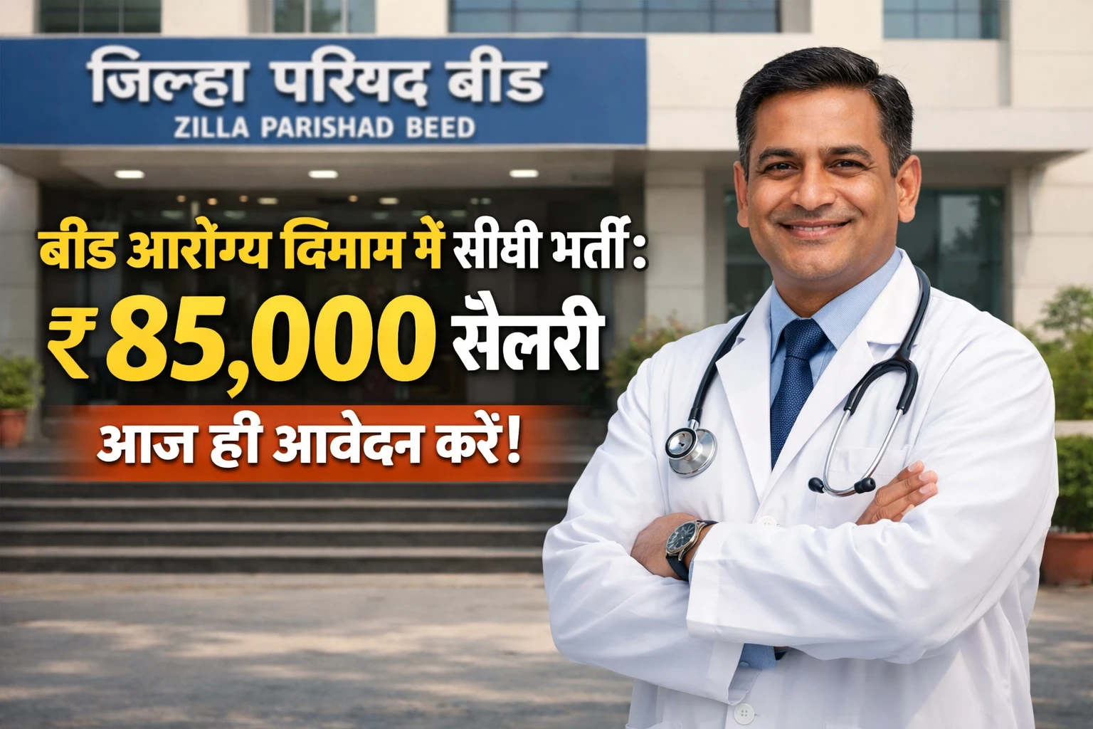 Arogya Vibhag Beed Medical Officer Recruitment 2026 feature image showing a doctor and hospital building.