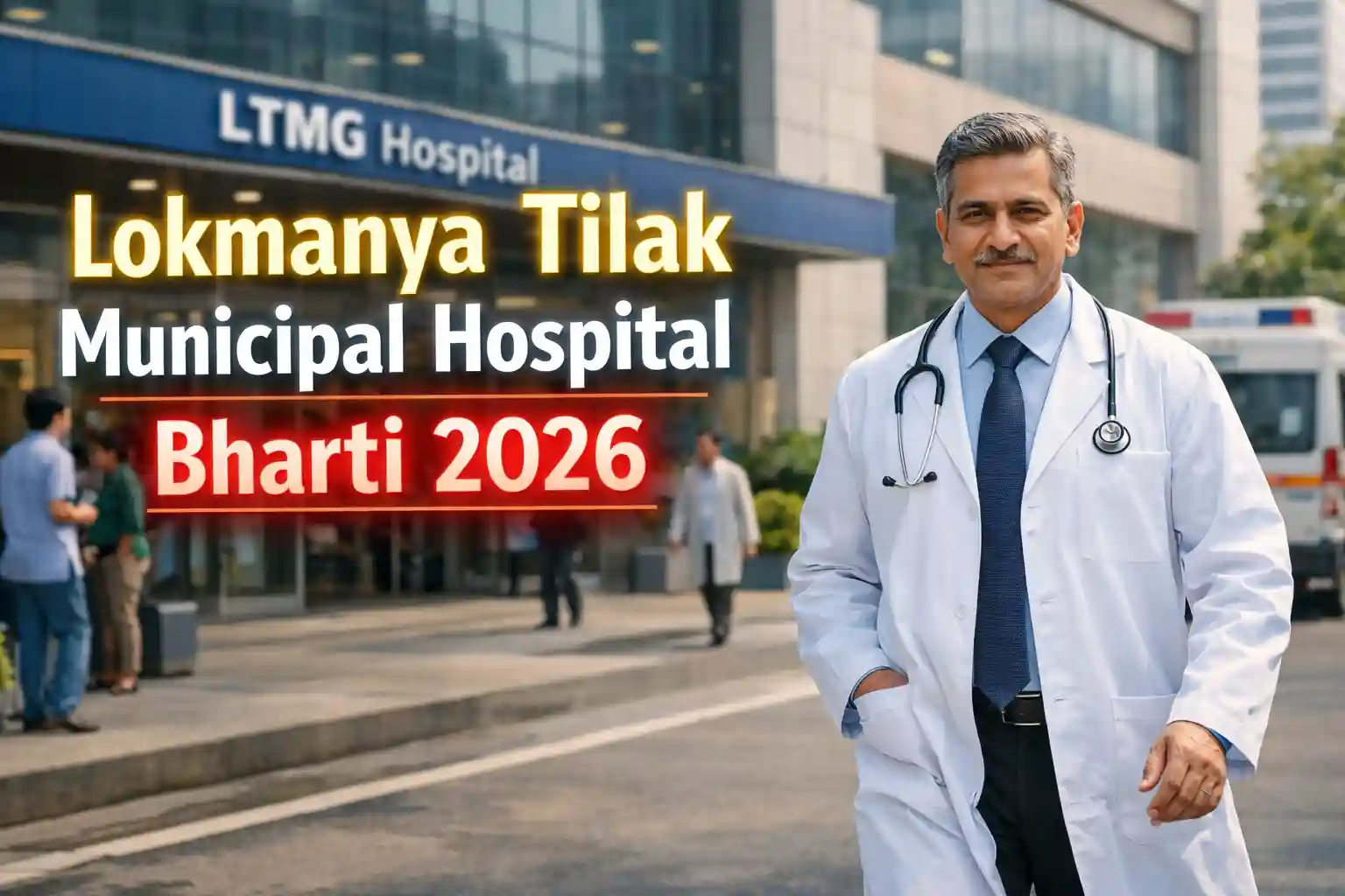 लोकमान्य तिलक म्युनिसिपल अस्पताल मुंबई भर्ती 2026 के लिए डॉक्टर और अस्पताल का दृश्य।