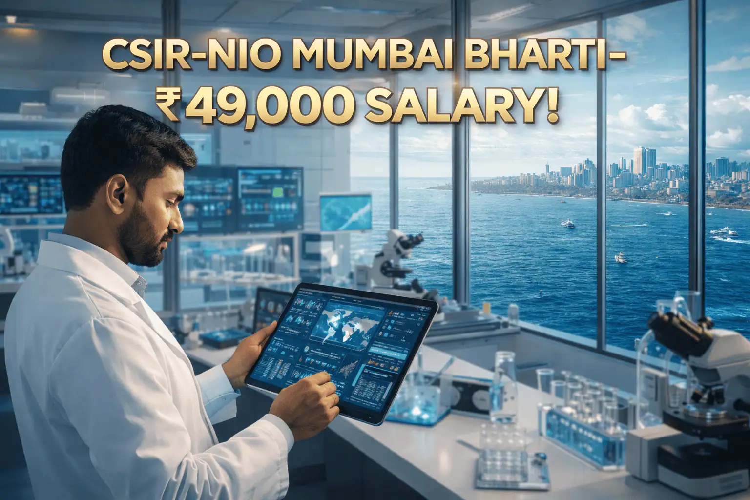 CSIR-NIO Mumbai Recruitment 2026 feature image showing a scientist and Mumbai coastline.