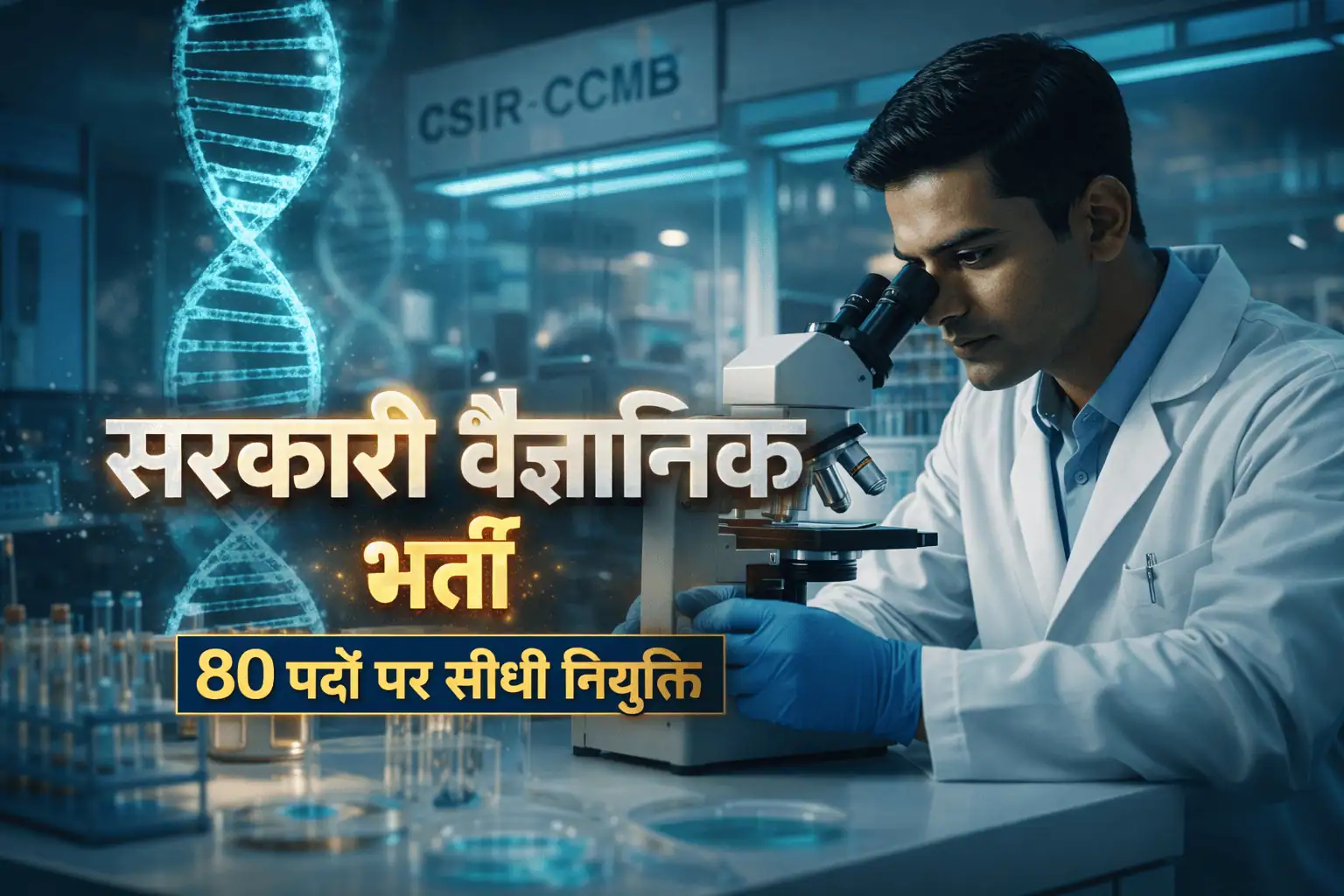 CSIR CCMB Hyderabad laboratory recruitment 2026 scene with scientist working on research equipment.