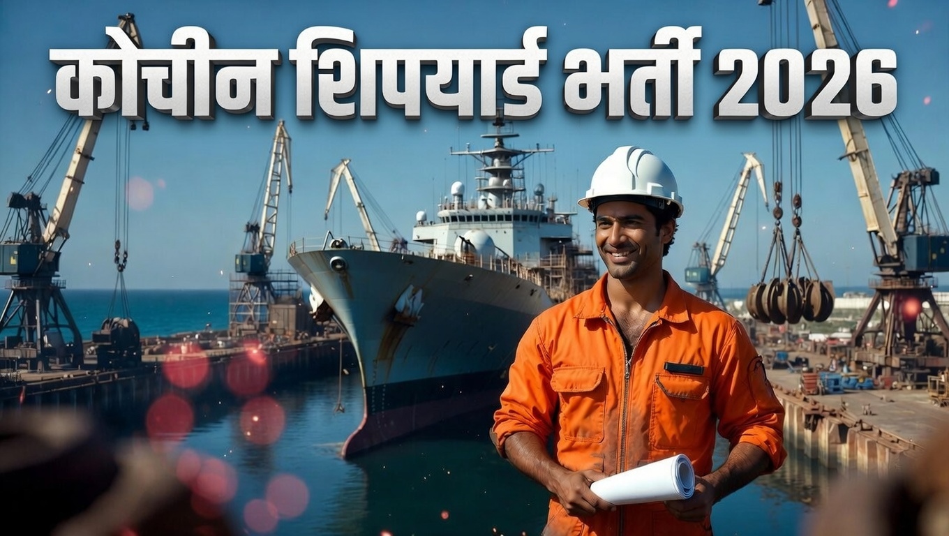 Cochin Shipyard Recruitment 2026 realistic feature image showing a worker and a large ship.