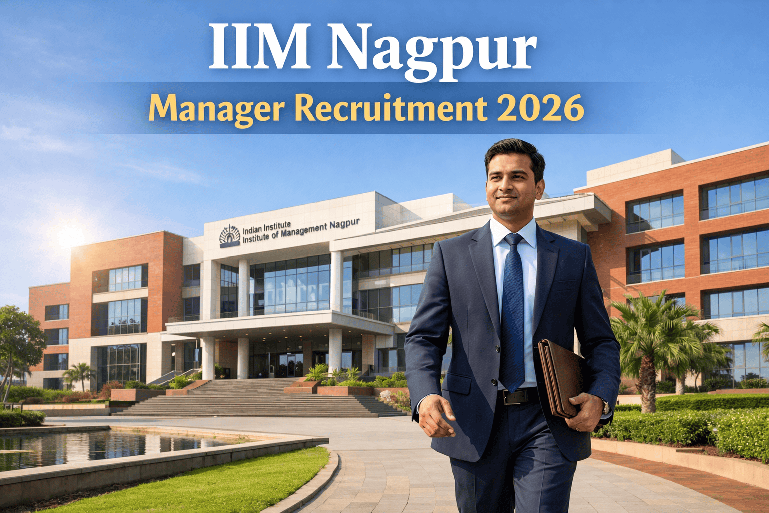 IIM Nagpur Campus building with a professional manager walking toward the entrance.