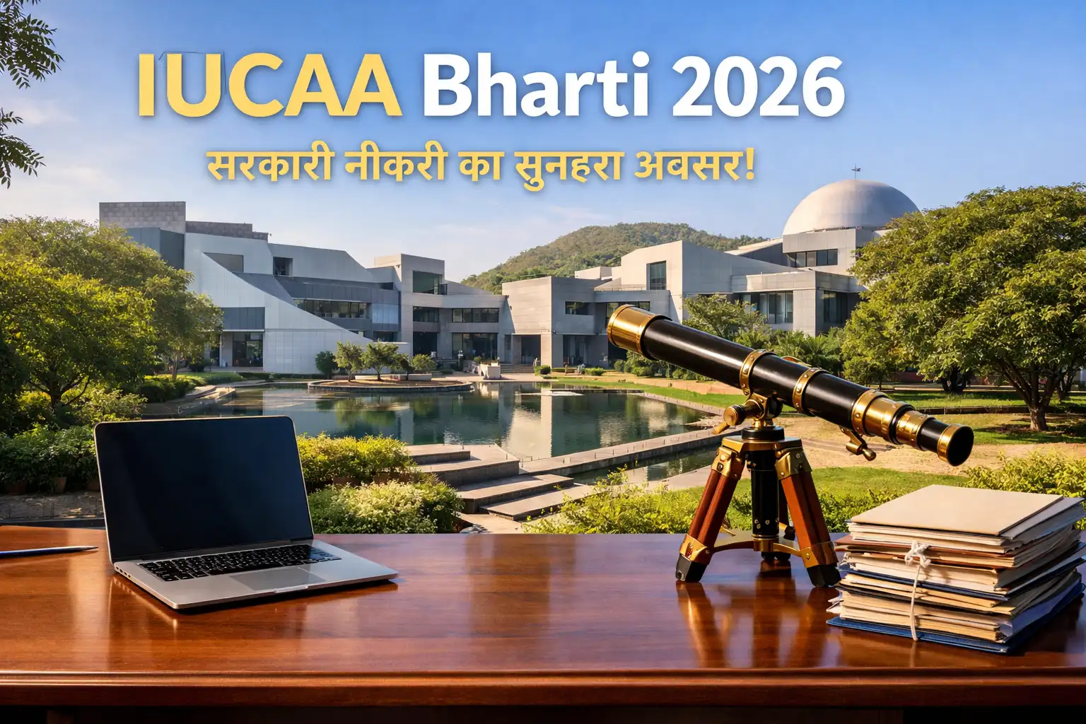 IUCAA Pune campus building and professional office desk for administrative assistant recruitment 2026.