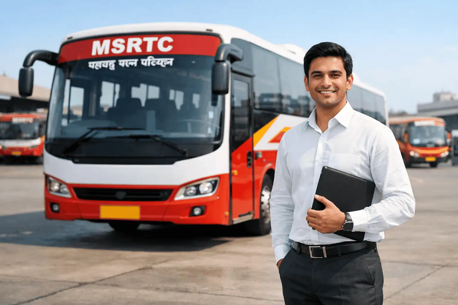A happy young Indian candidate standing in front of an MSRTC ST bus at a bus depot, representing MSRTC Bharti recruitment.