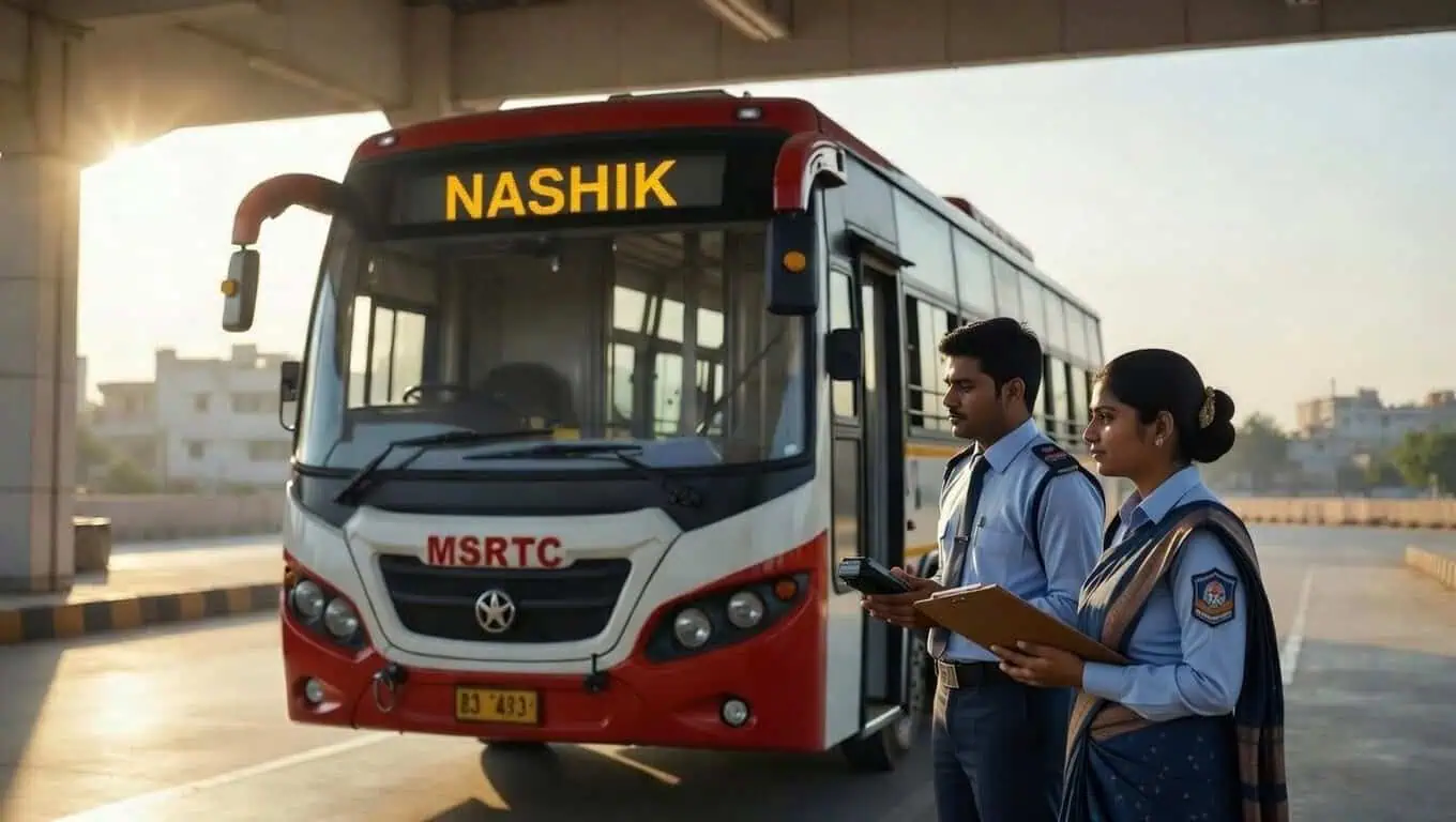 MSRTC Nashik Recruitment for Apprentice positions showing candidates with a state transport bus.