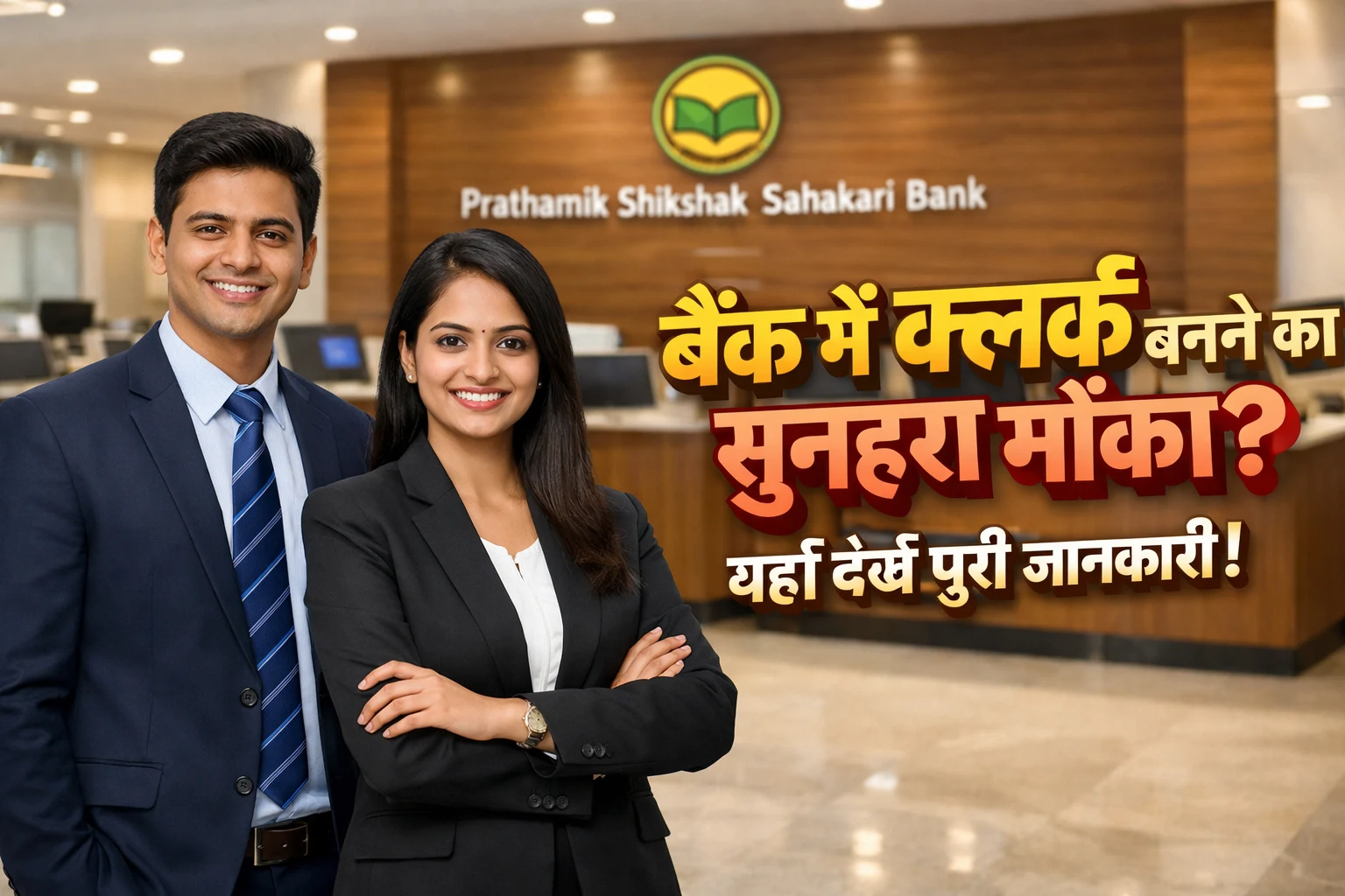 Satara Prathamik Shikshak Sahakari Bank Clerk Recruitment 2026 feature image showing professional staff in a banking environment.