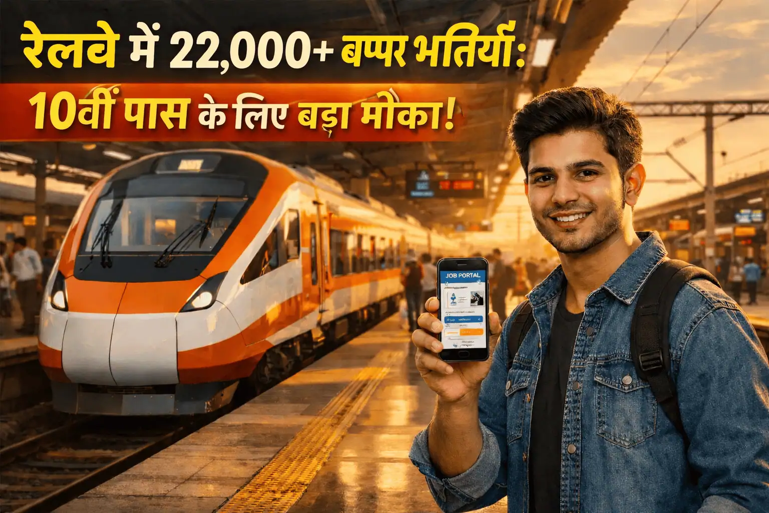 भारतीय रेलवे ग्रुप डी भर्ती 2026 की जानकारी देता हुआ एक युवक और बैकग्राउंड में खड़ी ट्रेन।