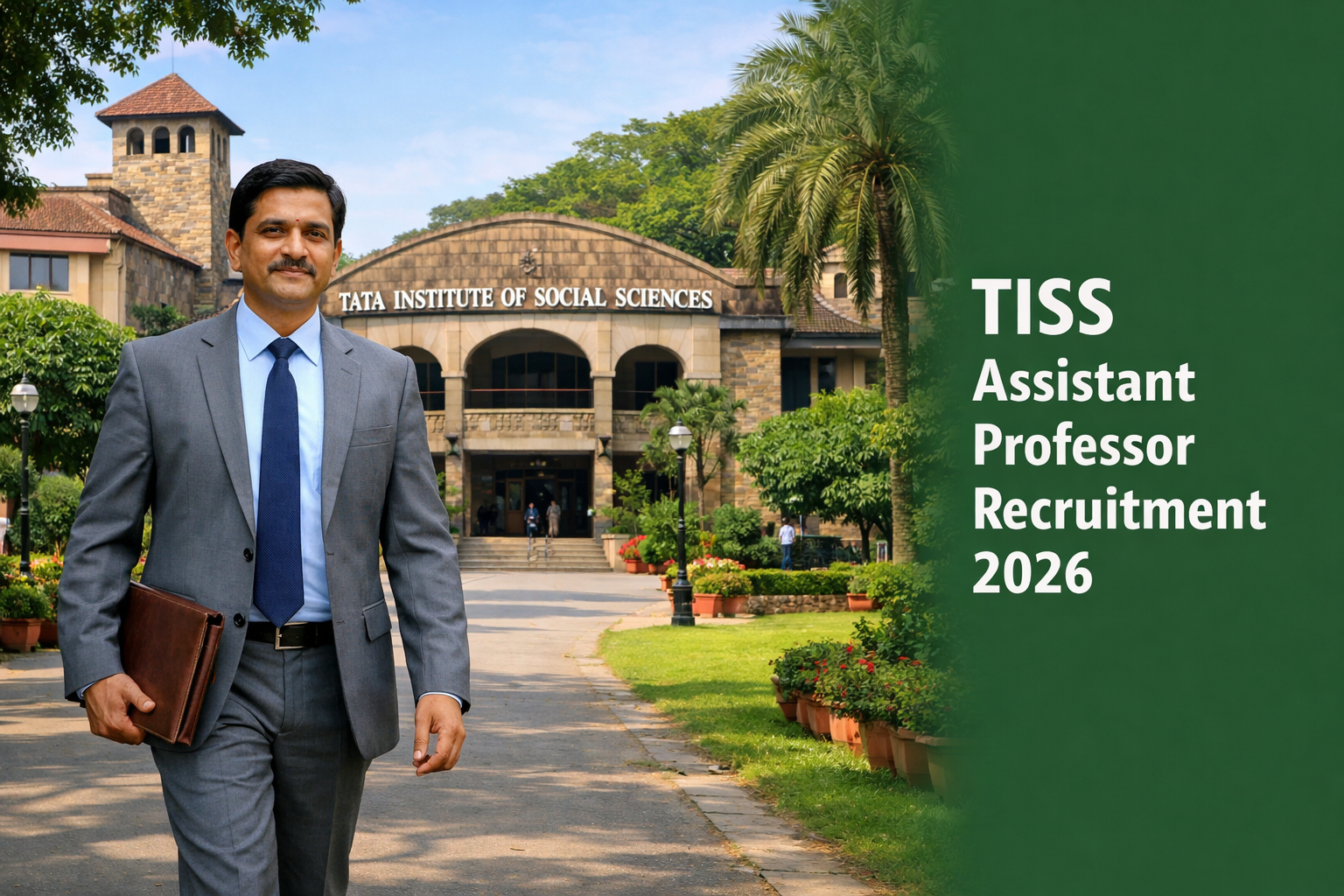 TISS Assistant Professor Recruitment 2026 feature image showing campus and professional professor.