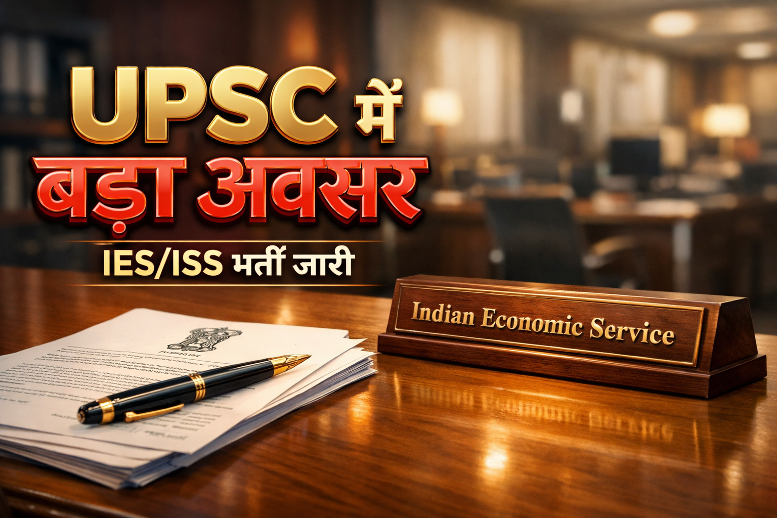 UPSC IES ISS Recruitment 2026 notification concept image showing government service desk and documents.