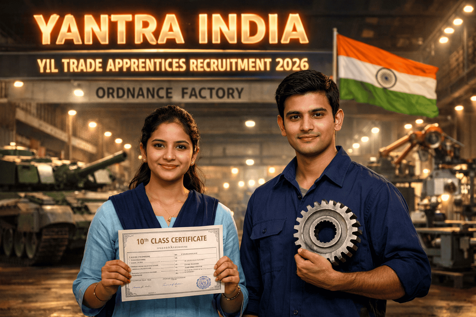 Yantra India YIL Trade Apprentice Recruitment 2026 feature image showing candidates and factory background.