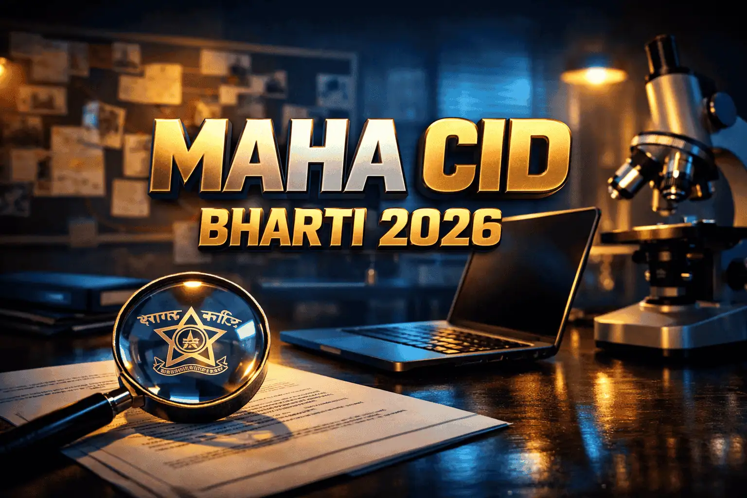 Realistic professional forensic lab setup with magnifying glass and documents representing Maha CID Recruitment 2026.