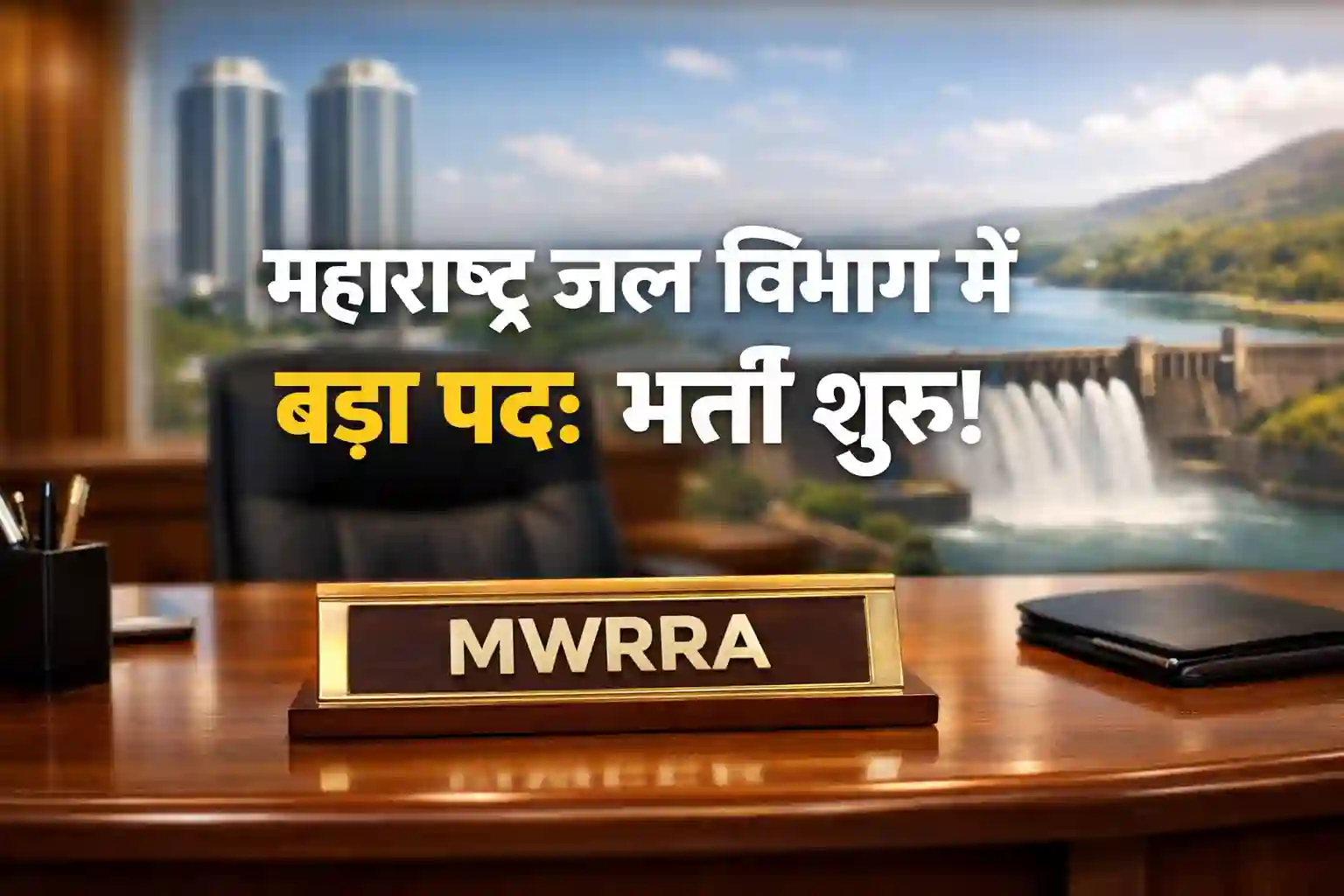 महाराष्ट्र जल संसाधन नियामक प्राधिकरण (MWRRA) सचिव भर्ती 2026 का आधिकारिक पोस्टर जिसमें मुंबई कार्यालय और जल परियोजना का दृश्य है।
