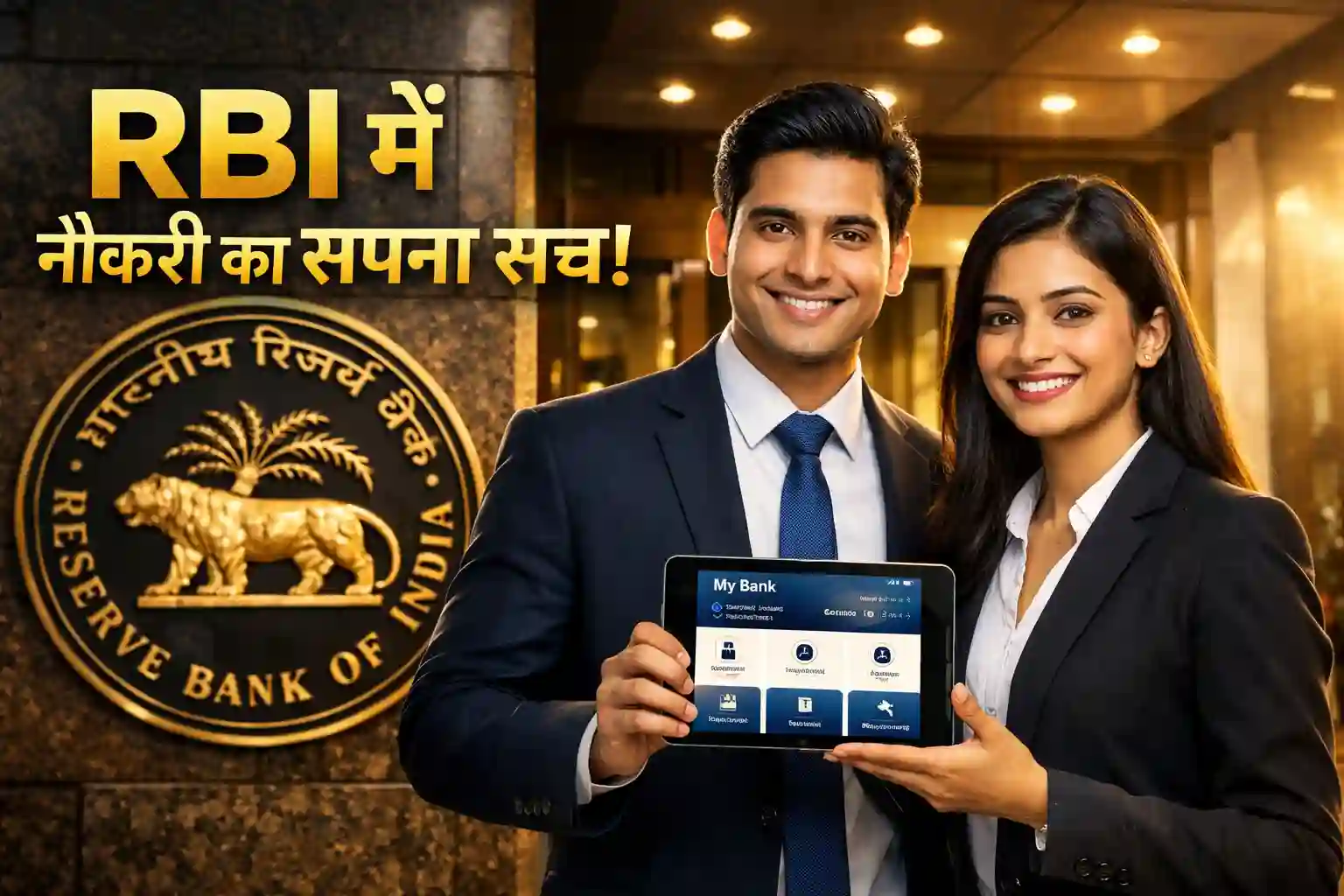 भारतीय रिजर्व बैंक के सामने खड़े मुस्कुराते हुए युवा उम्मीदवार, RBI असिस्टेंट भर्ती 2026 की जानकारी।