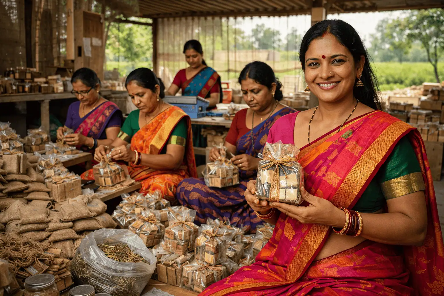SHE Marts Mission rural women entrepreneur standing in front of community-owned retail store