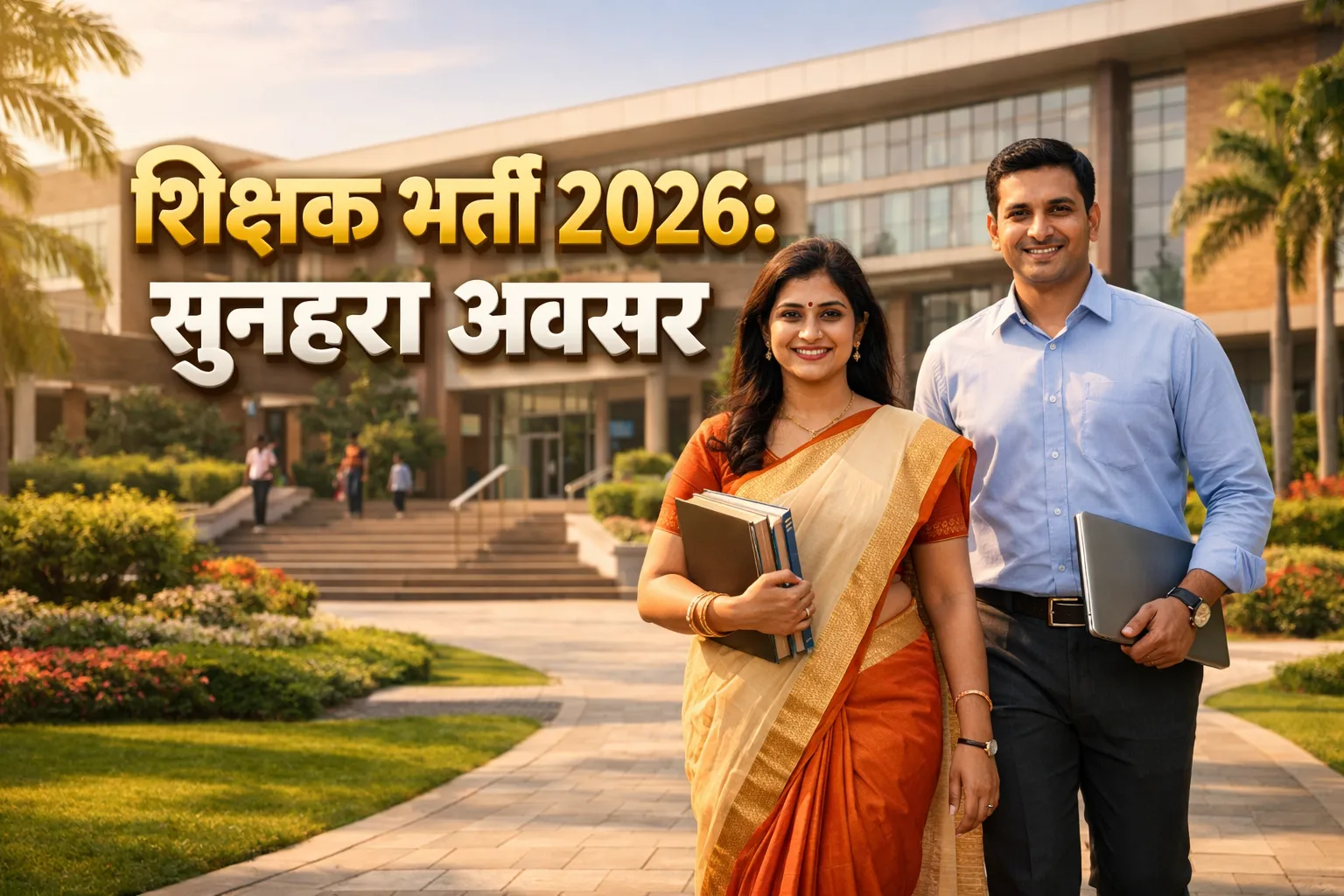 Professional teachers walking in front of a modern school building for Aryan Public School recruitment 2026.