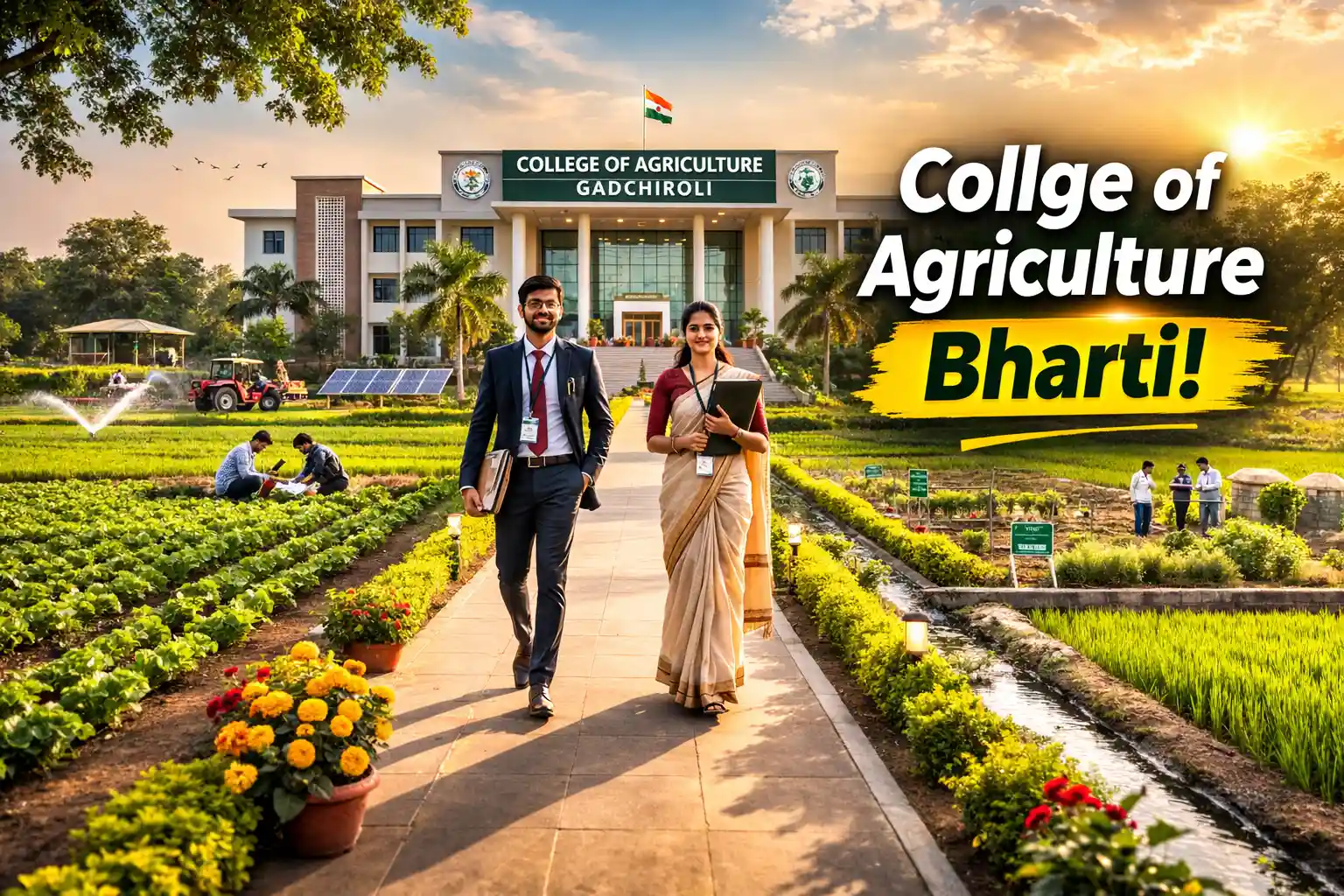 Realistic image of College of Agriculture Gadchiroli building with green fields and professionals representing new job vacancies.