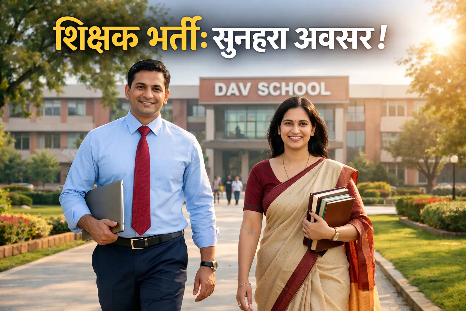 Realistic image of professional teachers in front of a modern school building for DAV MOIL Public School recruitment.