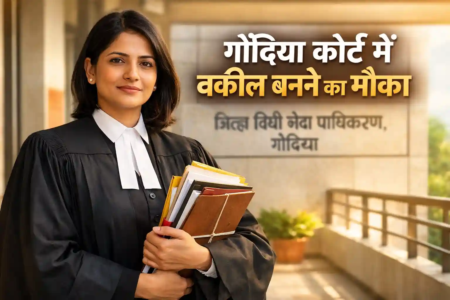 DLSA Gondia Bharti 2026 application process for legal aid lawyer post. A lawyer in a court corridor.