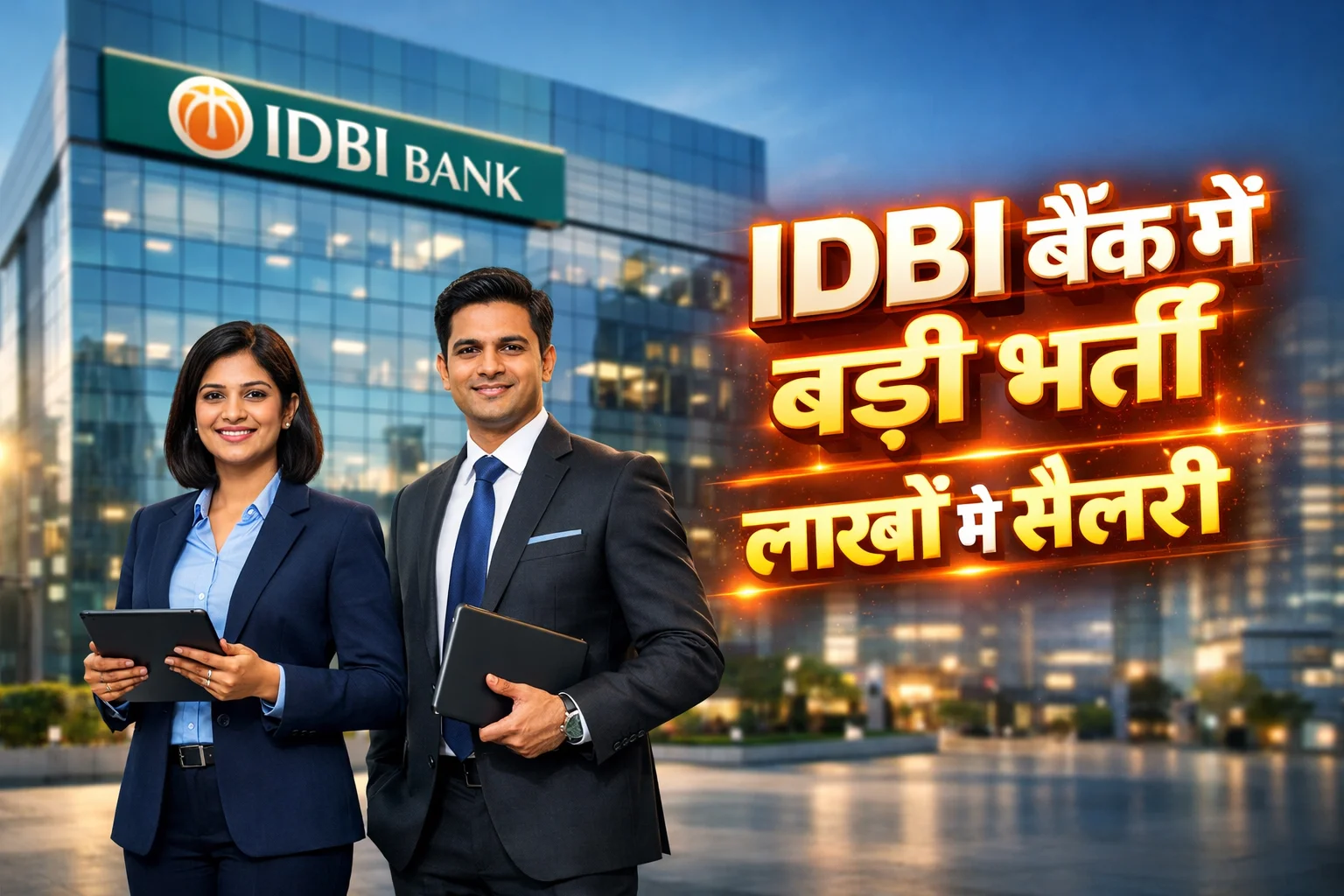 IDBI बैंक भर्ती 2026 के लिए आवेदन करने वाले प्रोफेशनल बैंक अधिकारी और बैंक की बिल्डिंग।