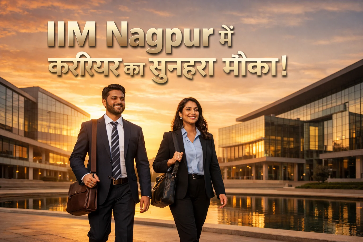 IIM नागपुर कैंपस का आधुनिक दृश्य और प्रोफेशनल कर्मचारी