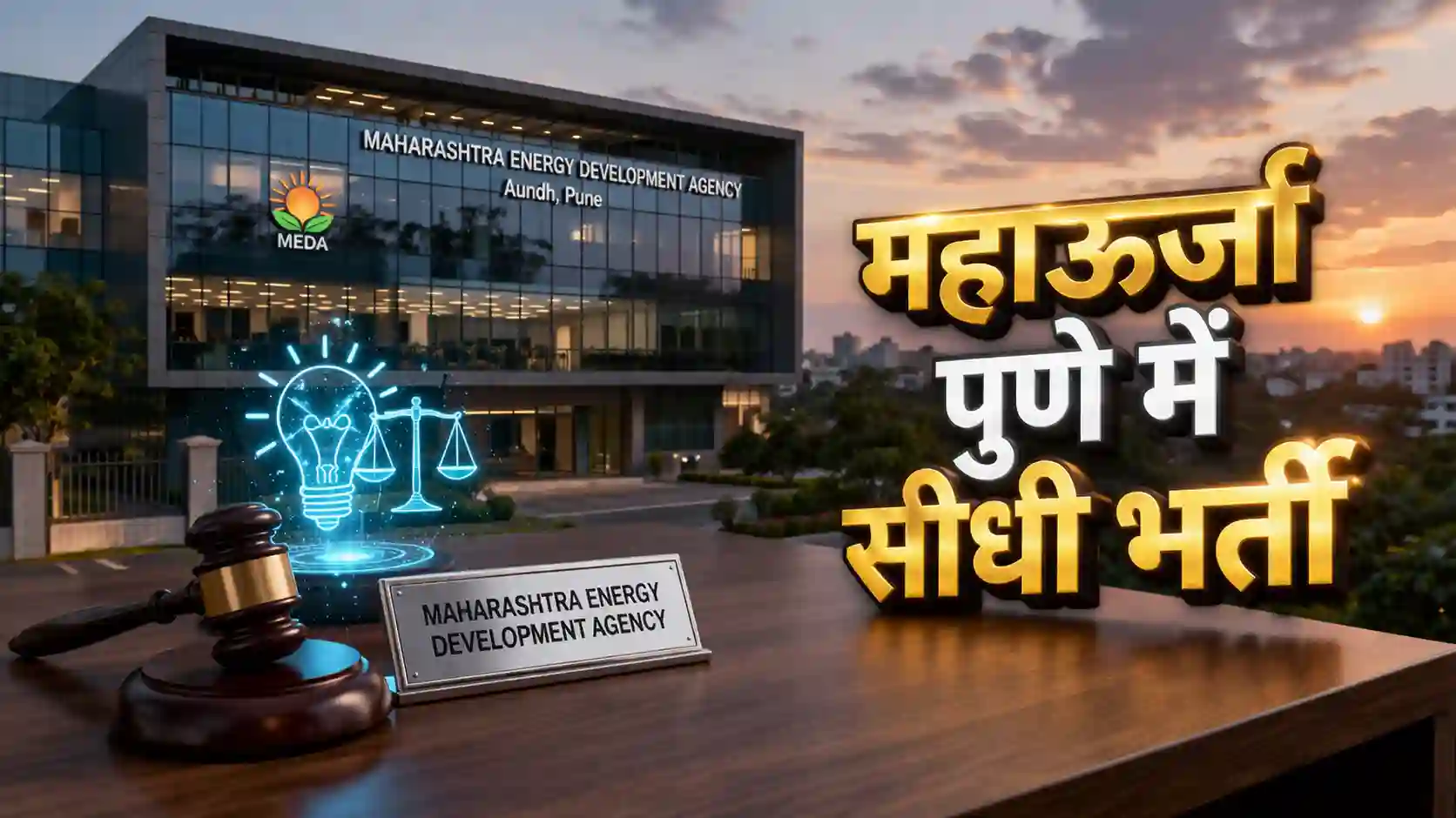 Maharashtra Energy Development Agency (MEDA) Pune office building with legal advisor symbols and recruitment text in Hindi.