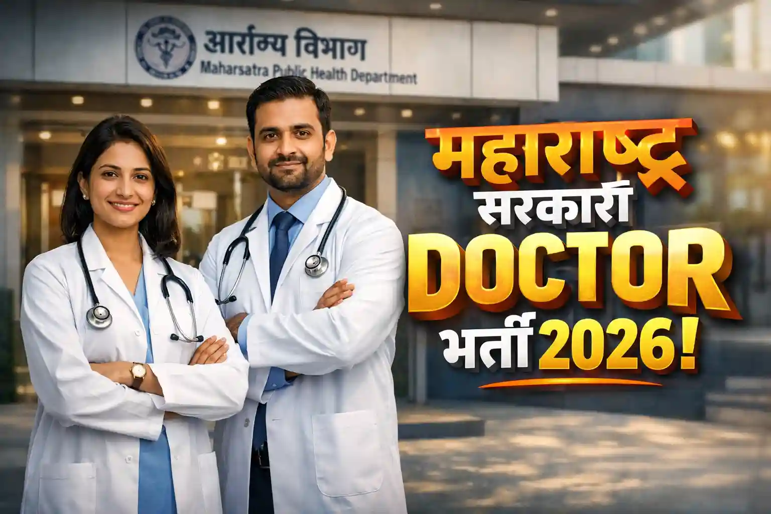 Maharashtra Public Health Department Medical Officer Recruitment 2026 featuring Indian doctors in front of a government hospital.