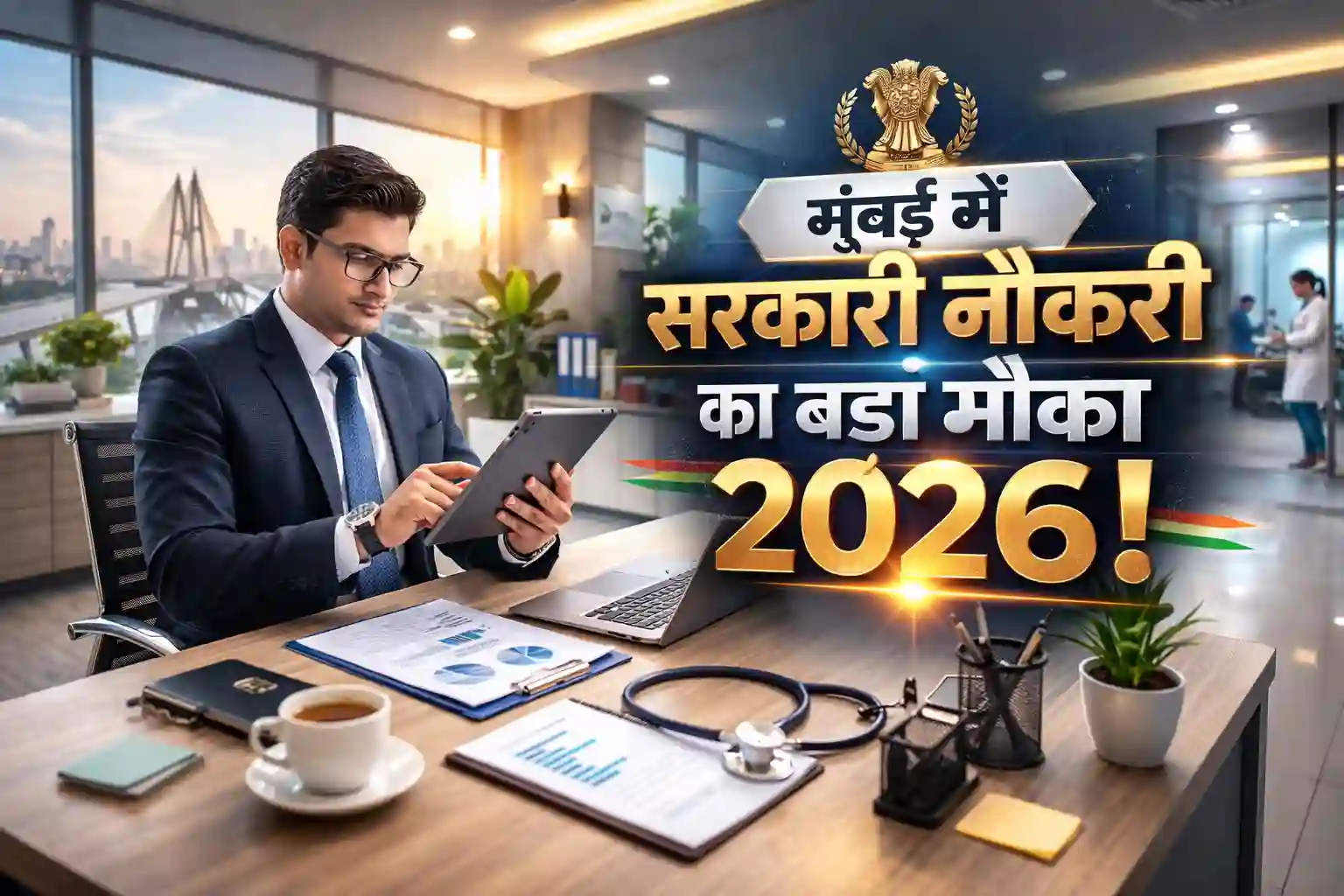 MDACS मुंबई भर्ती 2026 के लिए कार्यालय में कार्य करते हुए एक प्रोफेशनल अधिकारी का दृश्य।