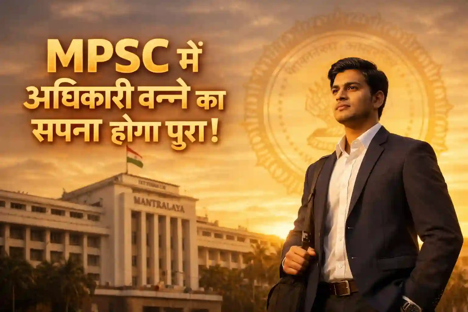 MPSC State Services Main Examination recruitment 2025-26 illustration showing an aspirant and Maharashtra Mantralaya building.