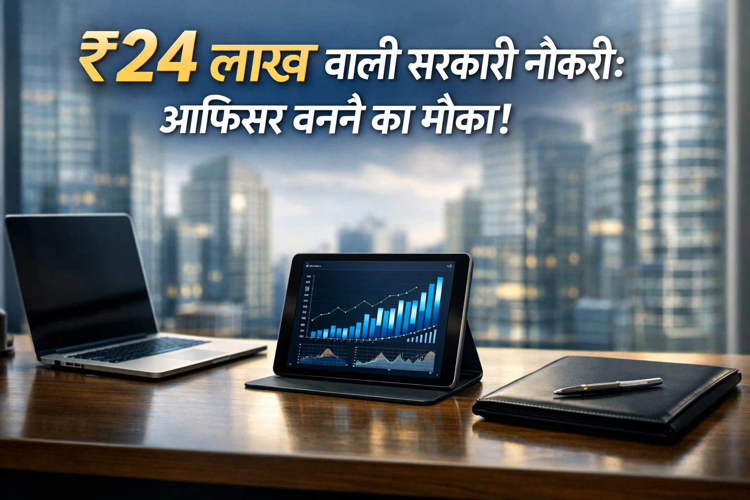 Professional corporate office desk representing NaBFID Senior Analyst recruitment 2026 with financial charts and city background.