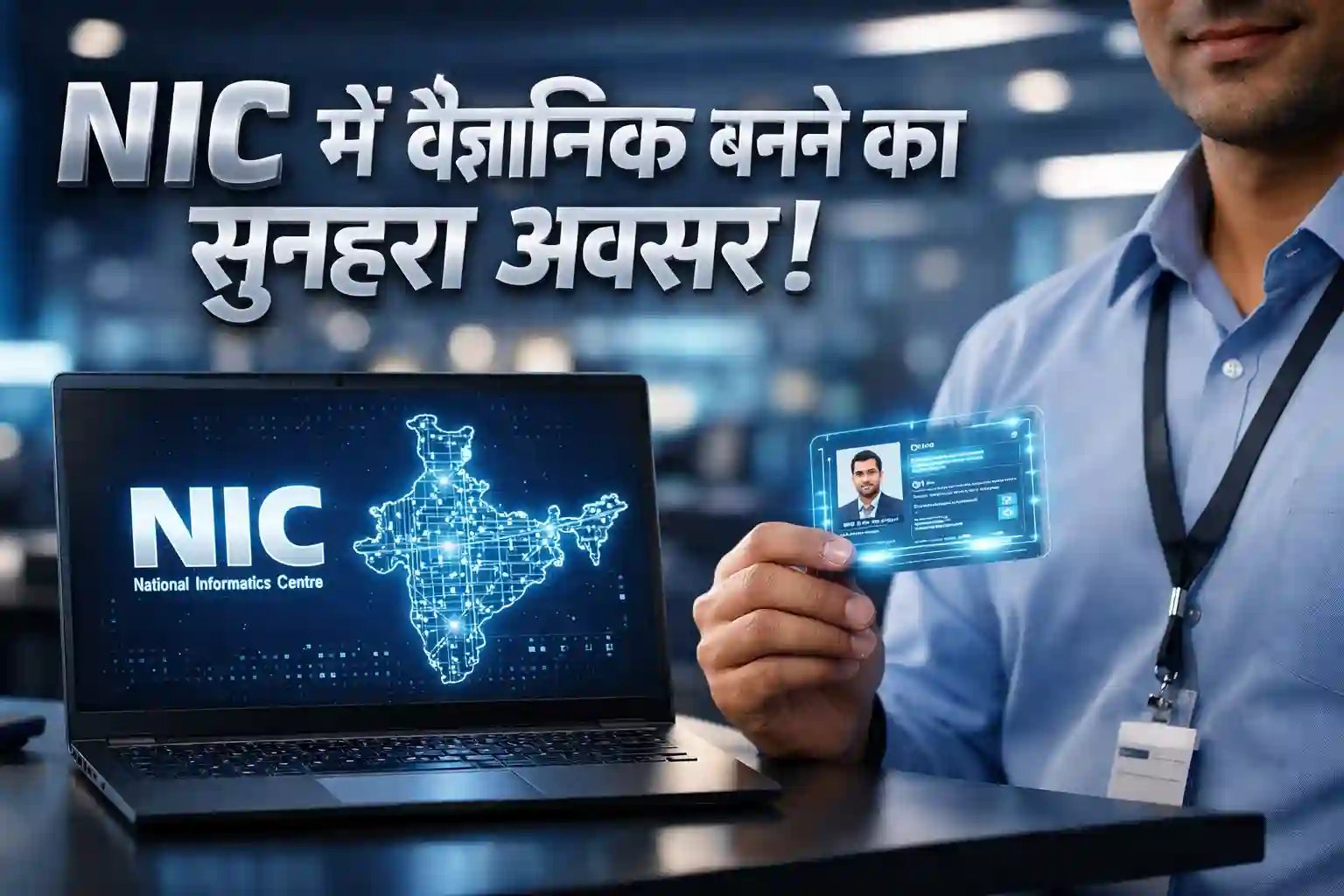 NIC Scientist B Recruitment 2026 notification image showing a laptop with NIC logo and professional IT background.