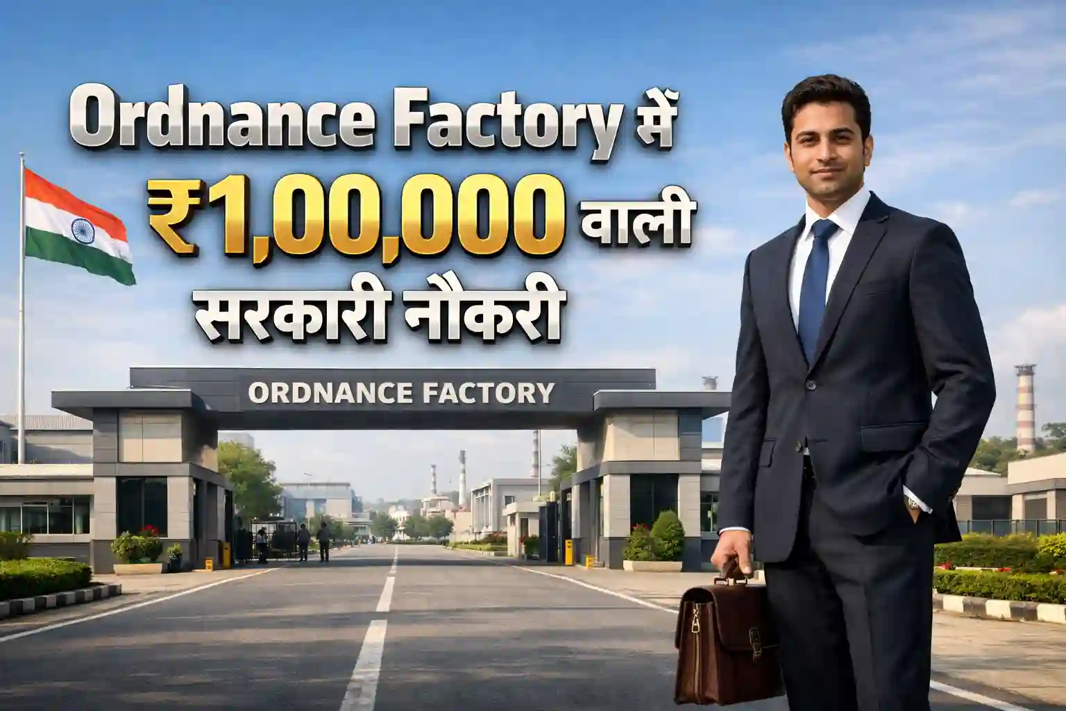 Ordnance Factory Bhusawal Executive Finance Recruitment 2026 professionally dressed accountant in front of factory gate
