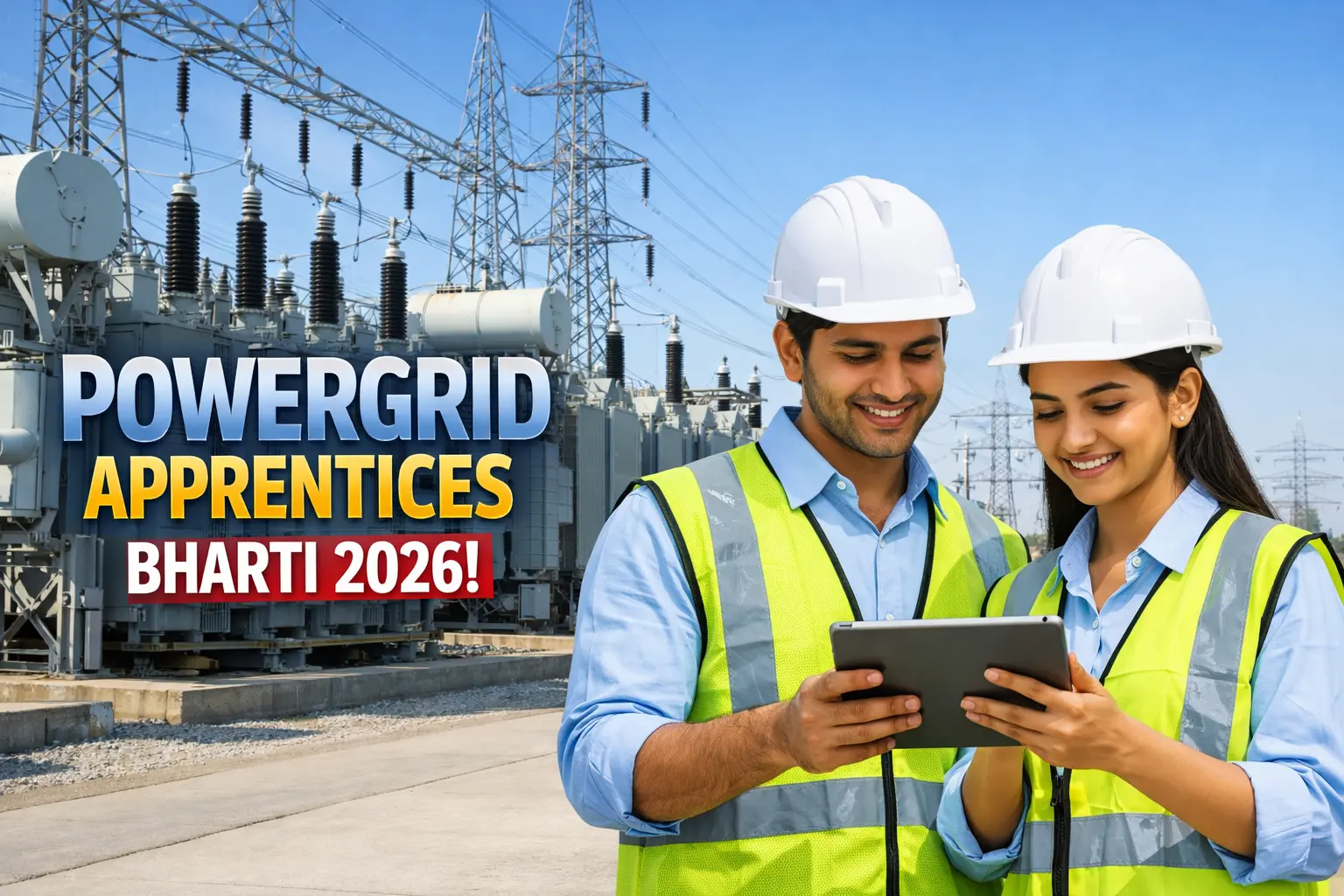 Power Grid Corporation of India Limited recruitment 2026 apprenticeship banner showing engineers at a power station.