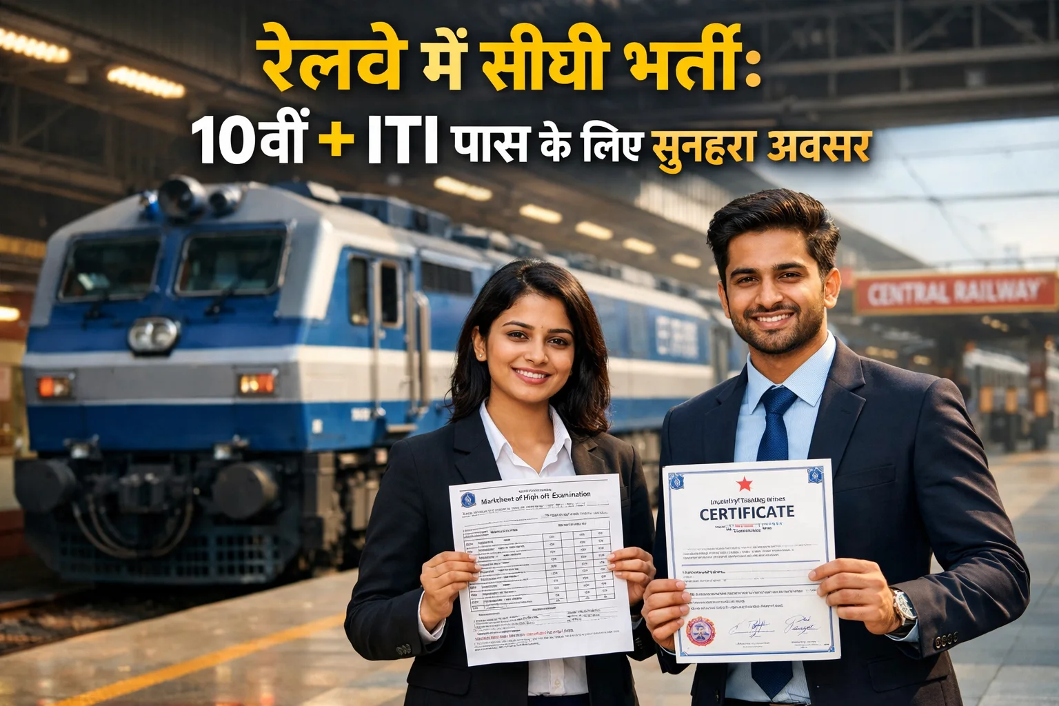RRC मध्य रेलवे अप्रेंटिस भर्ती 2026 के लिए आवेदन करते हुए युवा और बैकग्राउंड में ट्रेन।