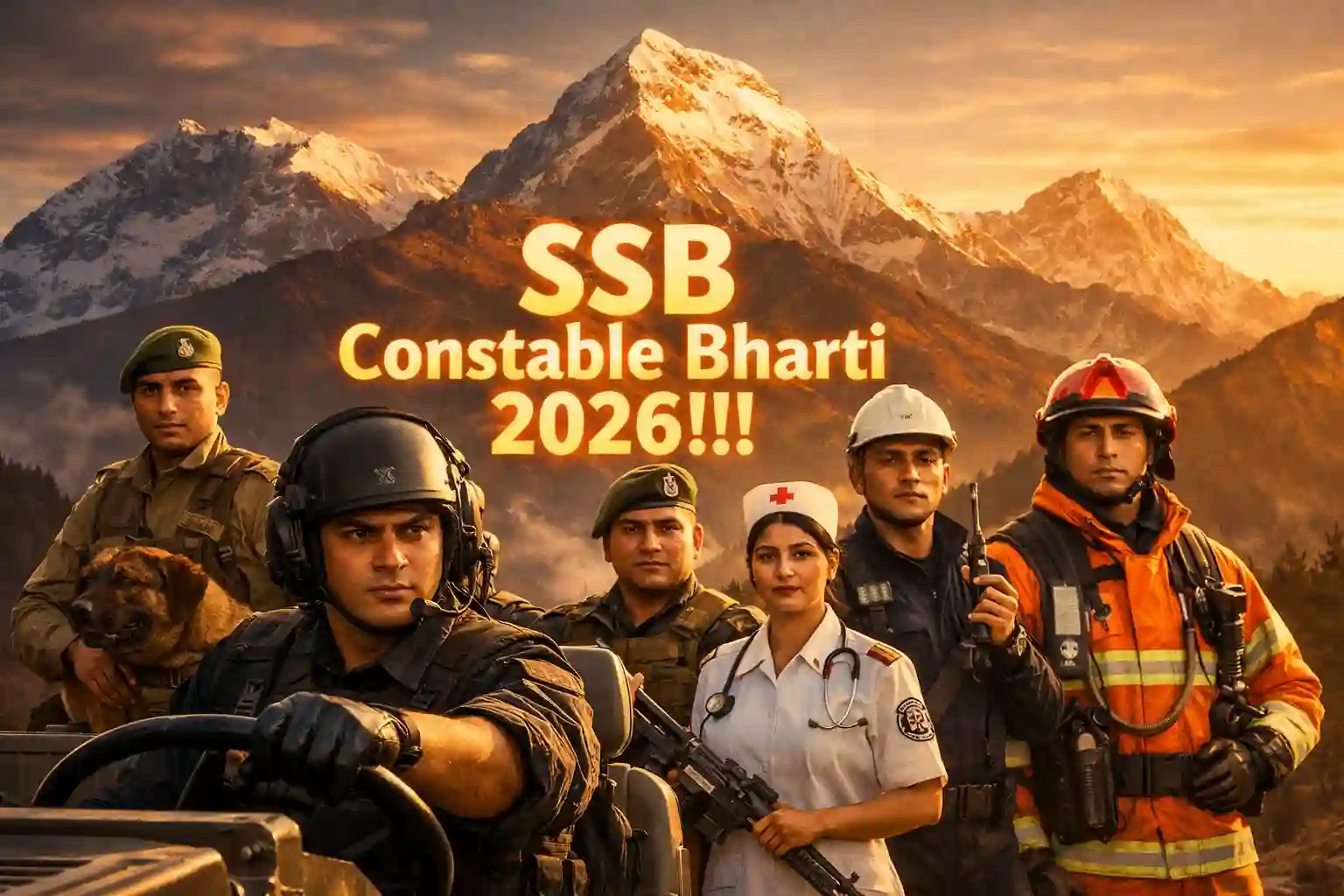 SSB Constable Tradesman and Driver recruitment 2026 banner showing soldiers in uniform with mountains in the background.