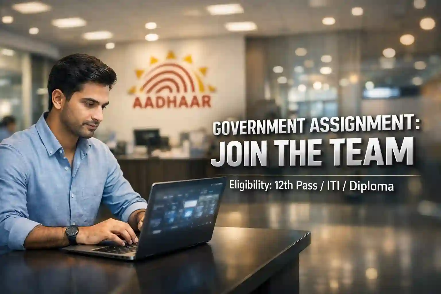 A professional working on a computer for Aadhaar Supervisor recruitment, representing a modern workplace.