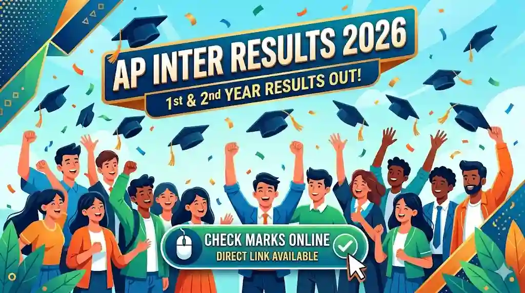Students celebrating AP Inter Results 2026 for 1st and 2nd year students with direct link to check marks online.