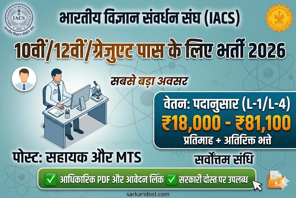 IACS Recruitment 2026 Assistant and MTS Vacancy Details in Hindi