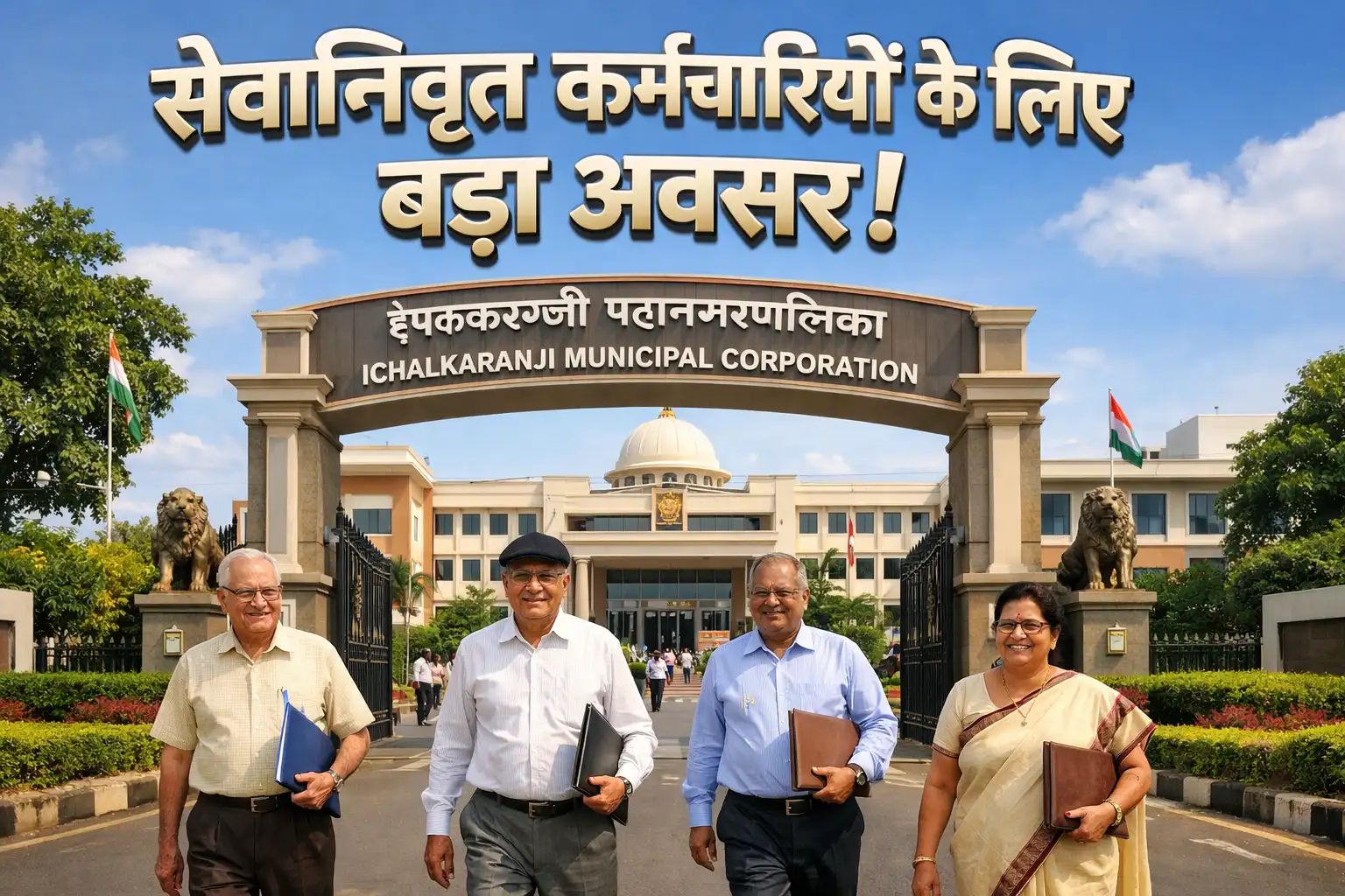 इचलकरंजी महानगरपालिका भवन में प्रवेश करते सेवानिवृत्त कर्मचारी और भर्ती की जानकारी वाला पोस्टर।