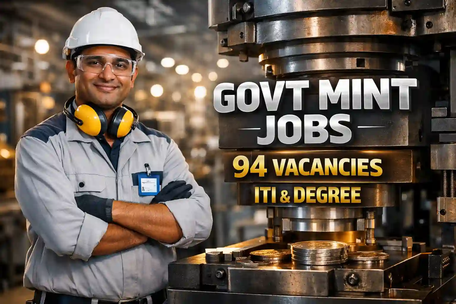 भारत सरकार टकसाल भर्ती 2026 के लिए औद्योगिक दृश्य और सरकारी नौकरी का पोस्टर