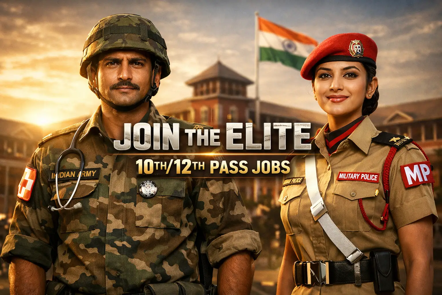 Realistic depiction of Indian Army Soldier Technical and Women Military Police standing in front of a recruitment center.