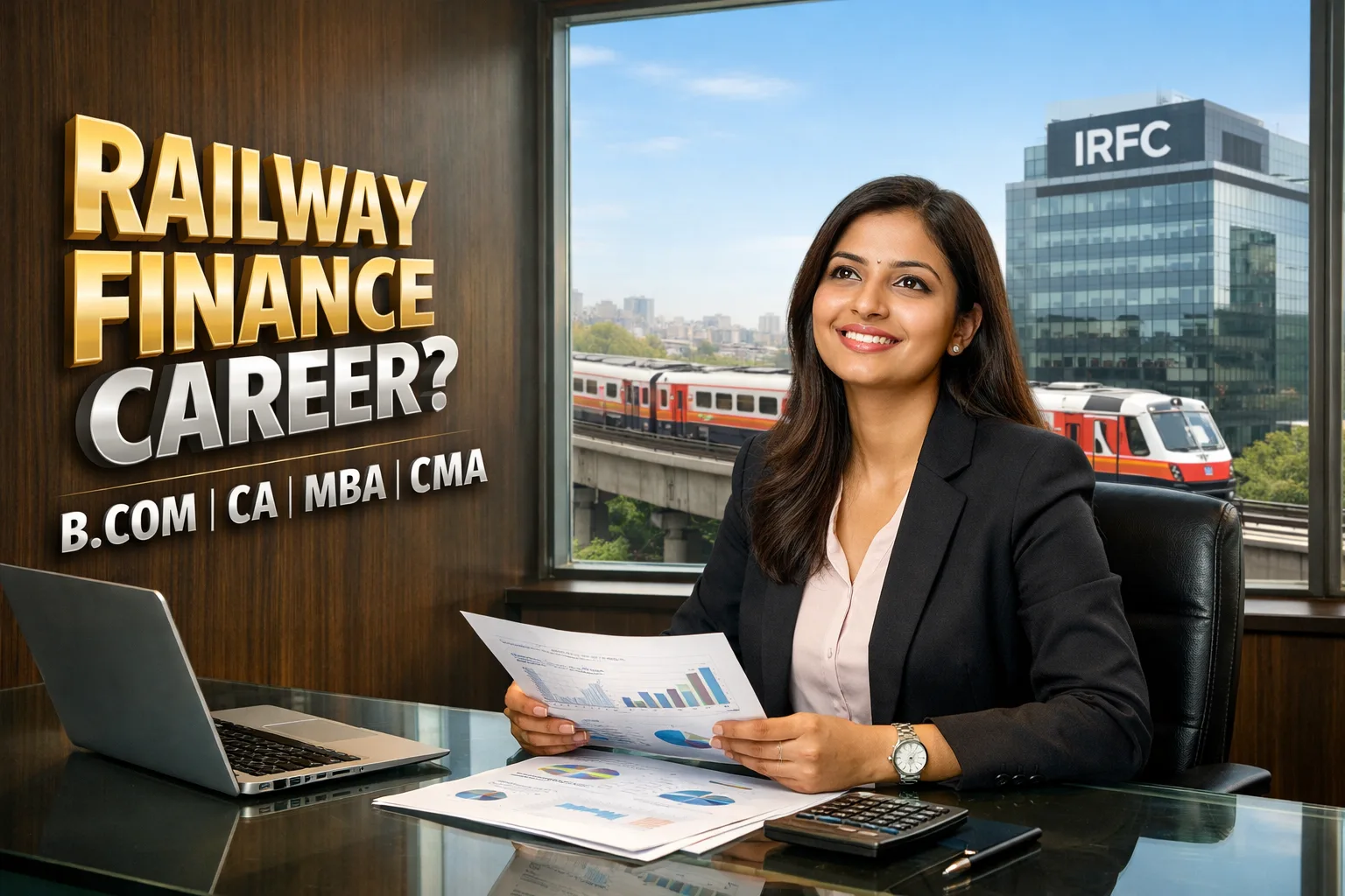 Realistic image representing IRFC recruitment for commerce and finance graduates, featuring an aspiring professional in an office setting with an IRFC building in the background.