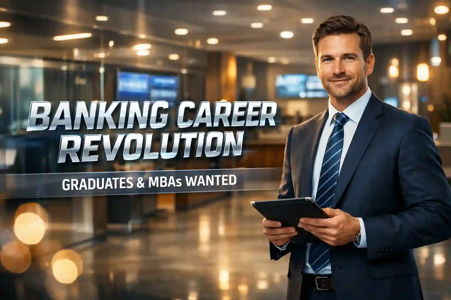 Professional banking recruitment banner for Lala Urban Co-Operative Bank featuring modern office interior and career growth text.