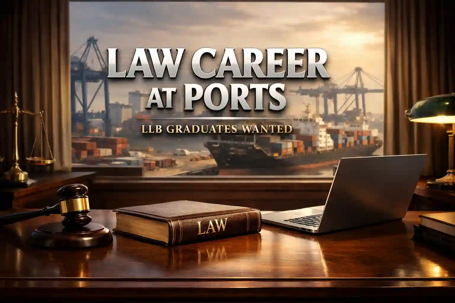 Professional Law Research Associate working in a port authority office with legal books and shipping port background.