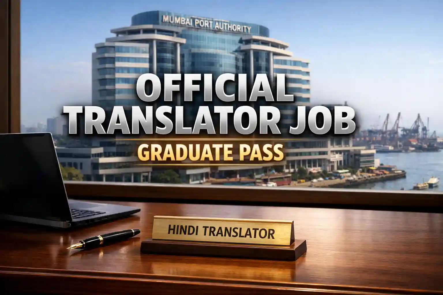 Mumbai Port Authority Hindi Translator Recruitment 2026 for Graduate candidates showing a professional office desk and port building.