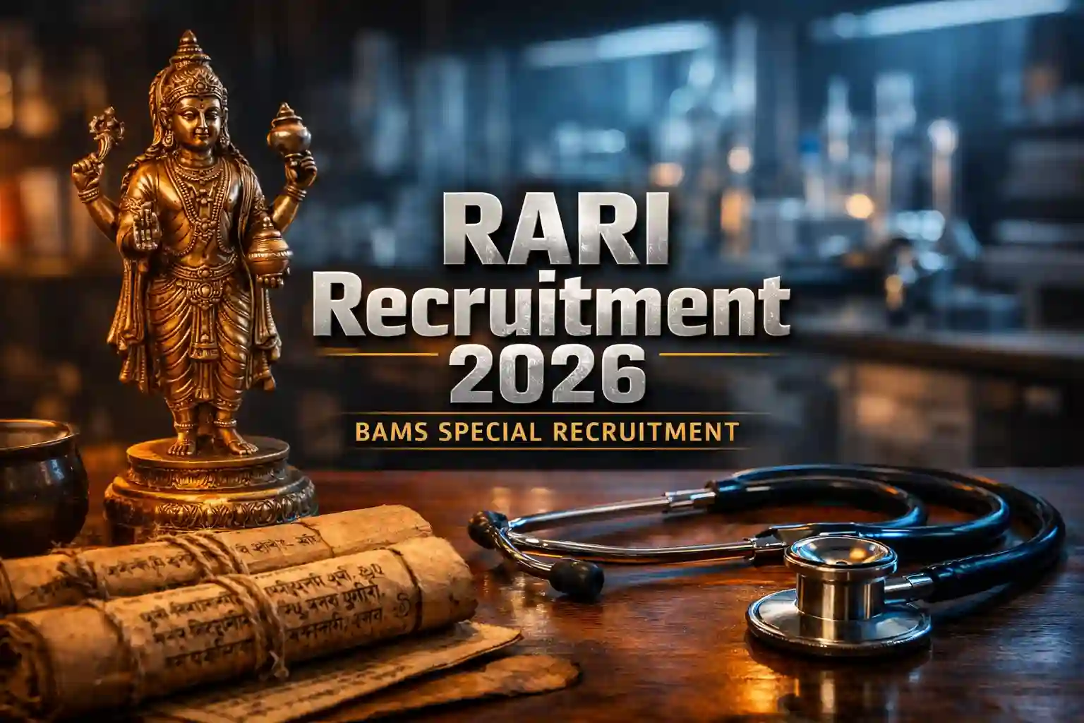 Professional Ayurvedic research setting with BAMS qualification text for RARI recruitment.